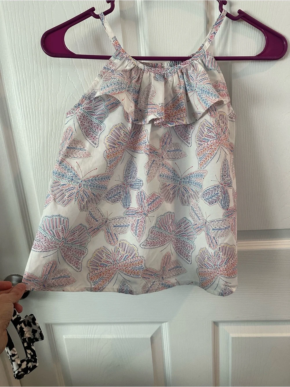 OshKosh B'gosh Cream Butterflies Ruffle Tank with Pink & Blue Print